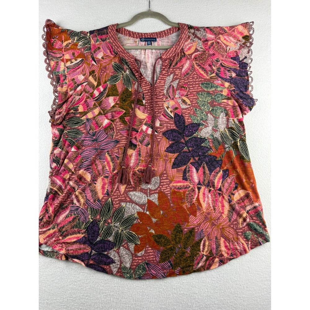 Democracy Womens 1X  Leaf Print Boho Top Tassel Split Neck Flutter Sleeve